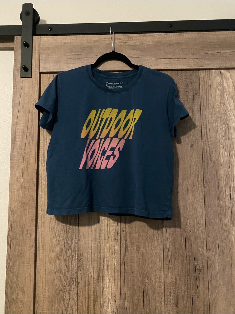 Outdoor Voices Navy Blue Tee with Yellow and Pink Logo